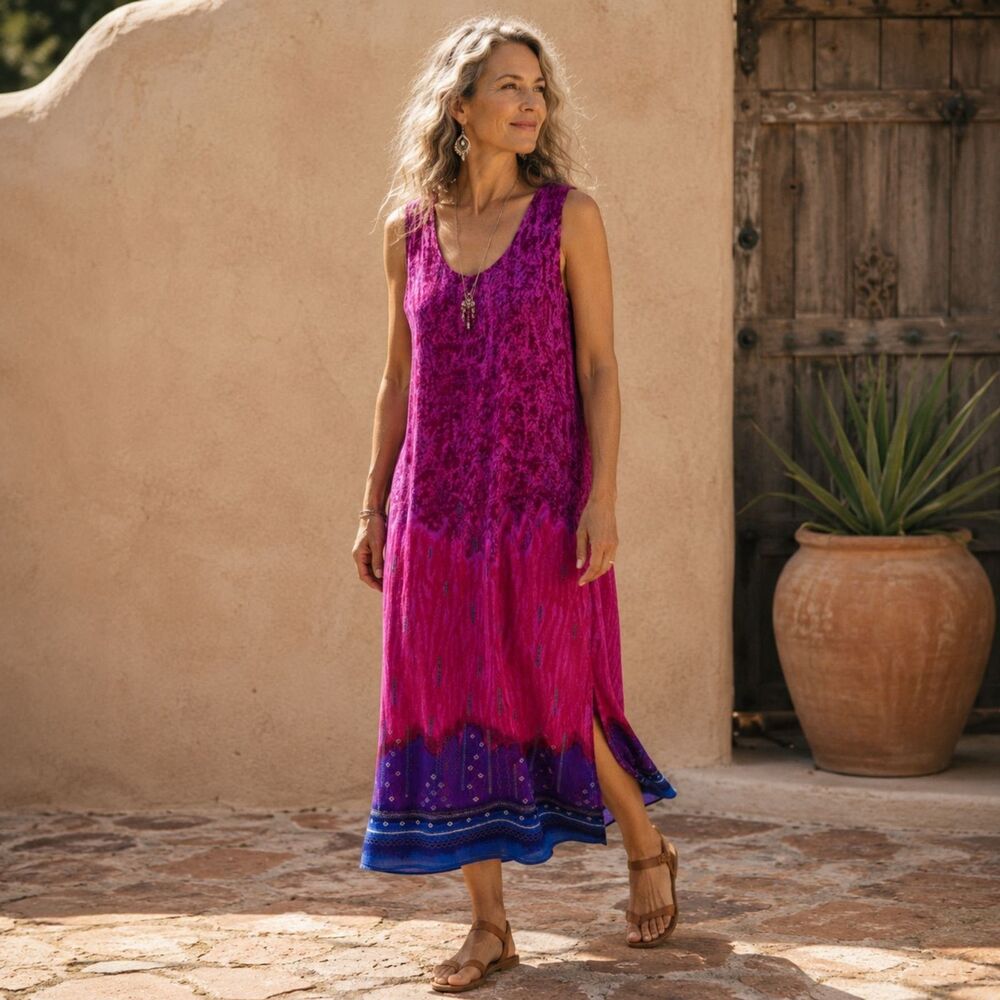 Phool Vintage Boho Midi Dress Sz XL Sleeveless Rayon Purple Pink Artsy Indie